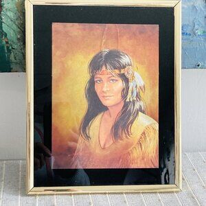 Vintage Native American Woman Framed Foil Pic Retro Wall Art Woodcrafters FLA